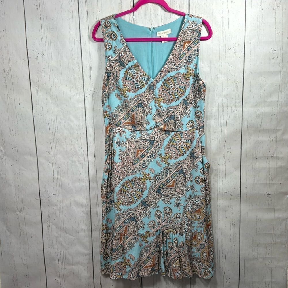 Cynthia Rowley Paisley Dress Boho Resort Sleeveless Midi Blue V Neck Size 10